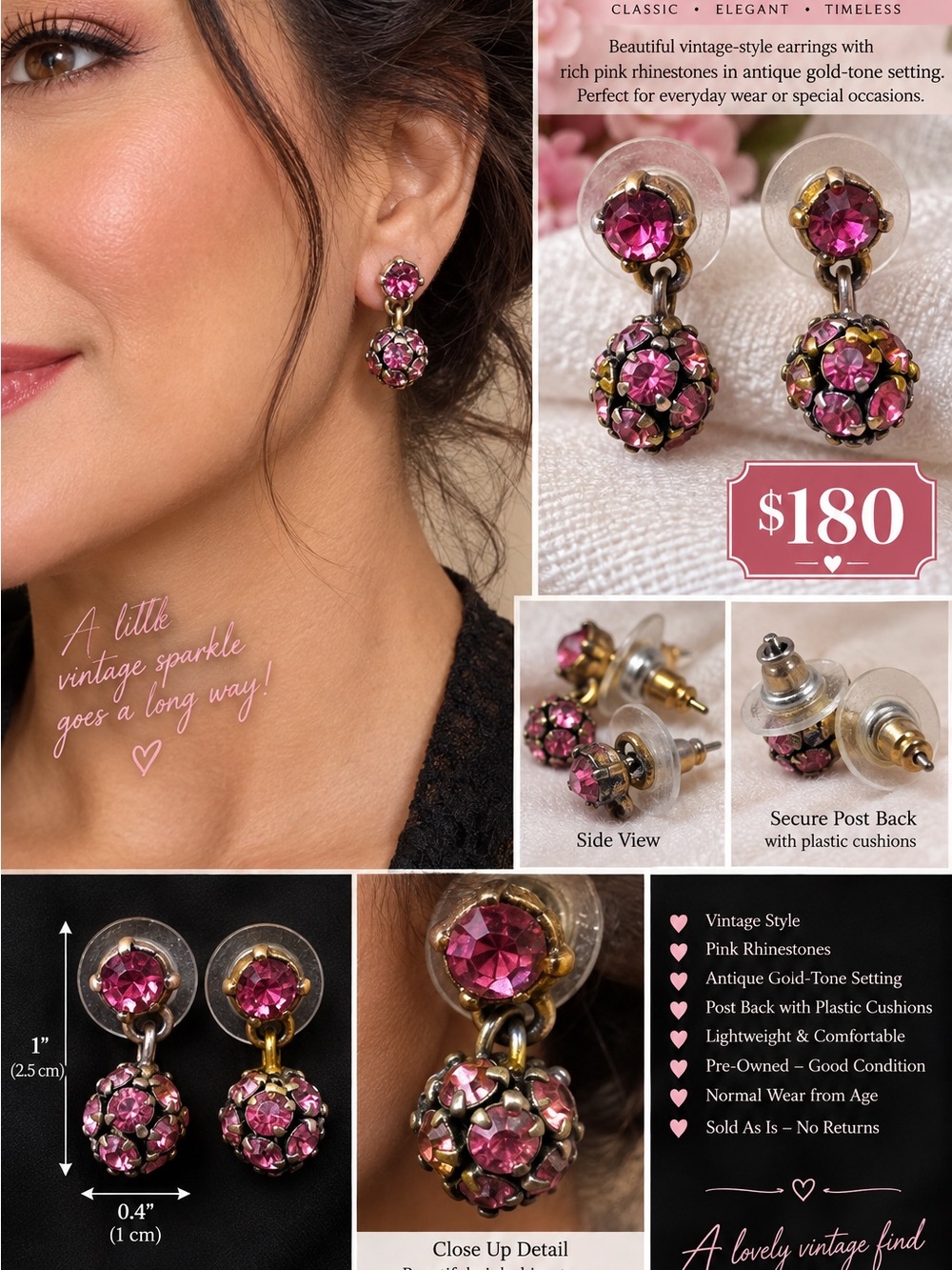 Vintage Pink Rhinestone Drop Earrings in Antique Gold-toned.